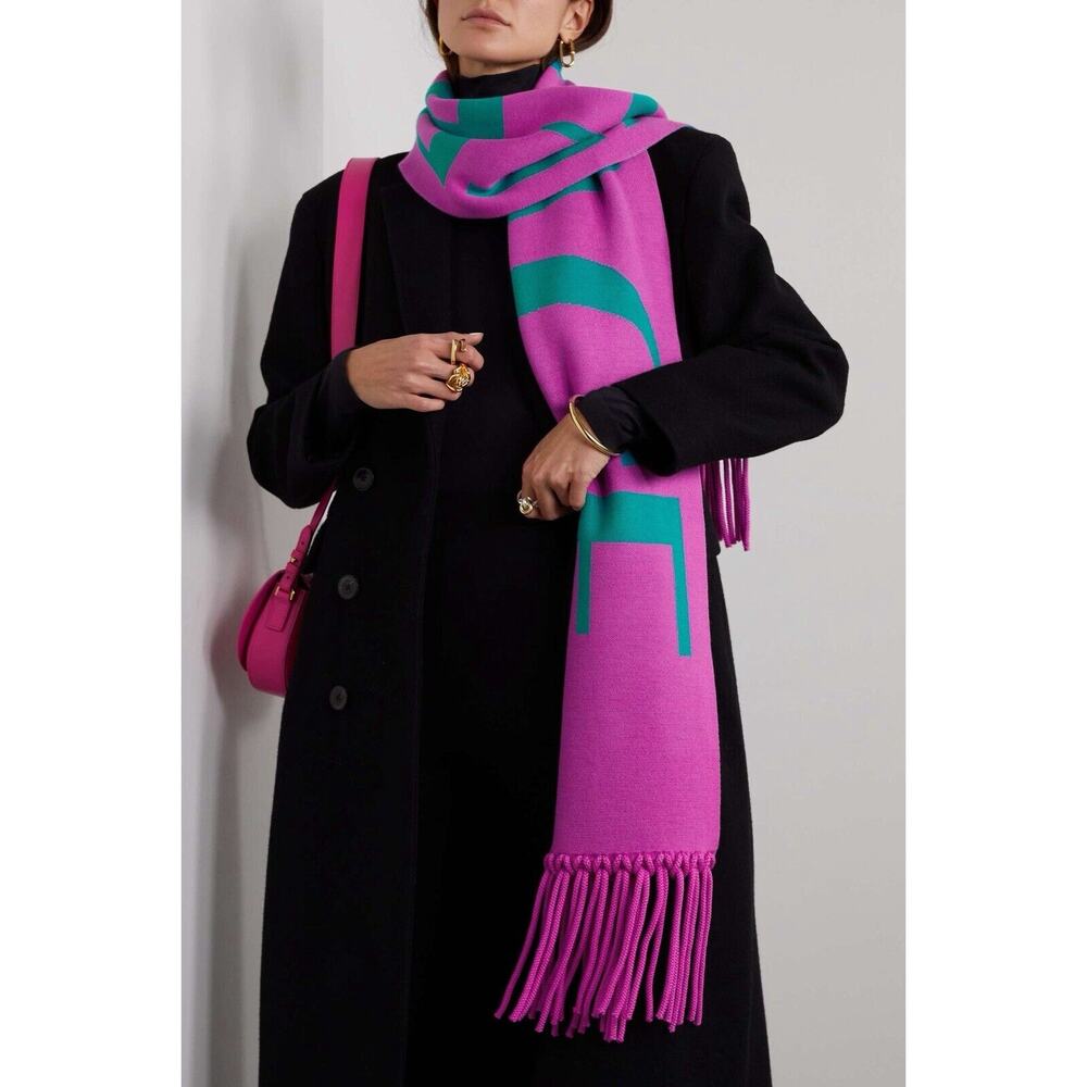 NWT Versace Reversible Teal Pink Fringed Wool Jacquard Logo Scarf 72"x12" $825